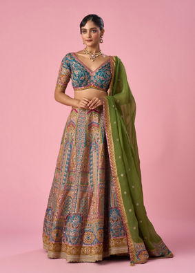 Mohey Women Mustard Yellow Art Silk Lehenga with Print