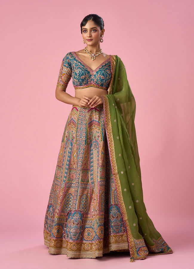 Mohey Women Mustard Yellow Art Silk Lehenga with Print
