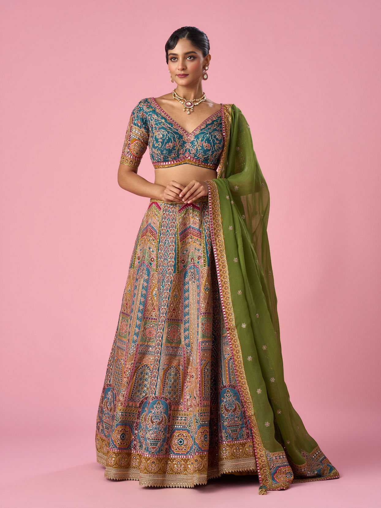 Mohey Women Mustard Yellow Art Silk Lehenga with Print
