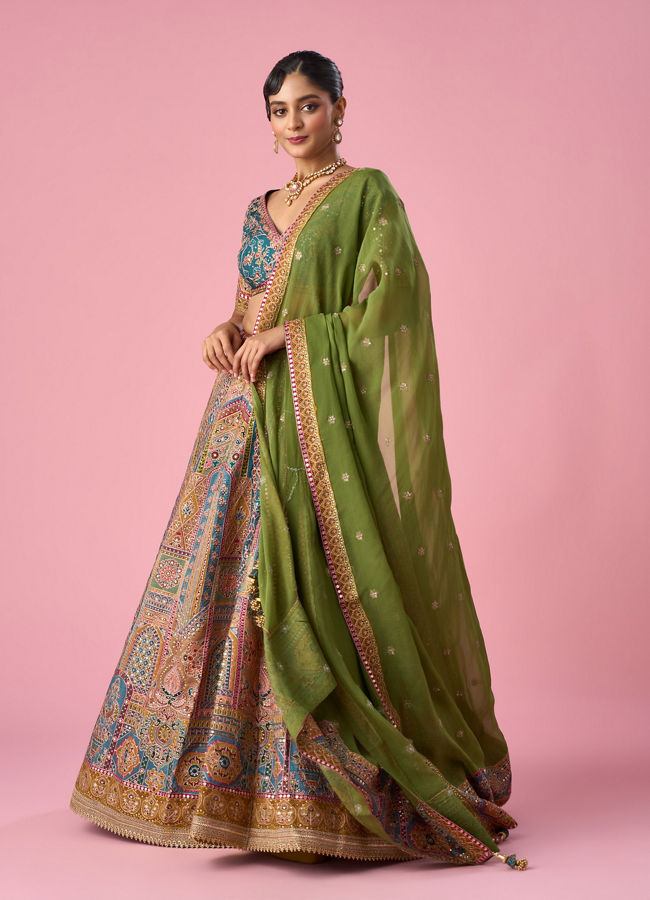 Mohey Women Mustard Yellow Art Silk Lehenga with Print