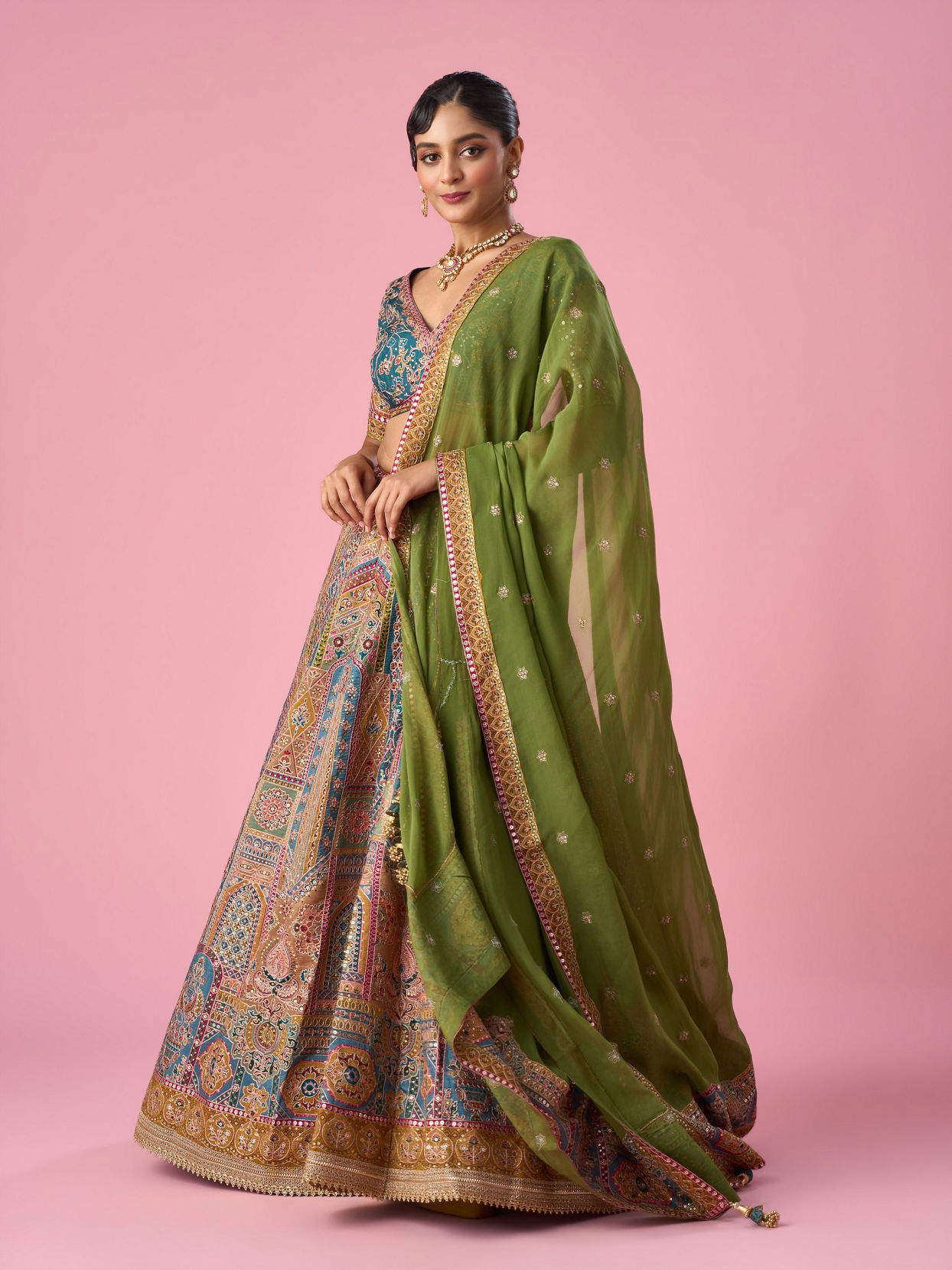 Mohey Women Mustard Yellow Art Silk Lehenga with Print
