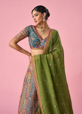 Mohey Women Mustard Yellow Art Silk Lehenga with Print