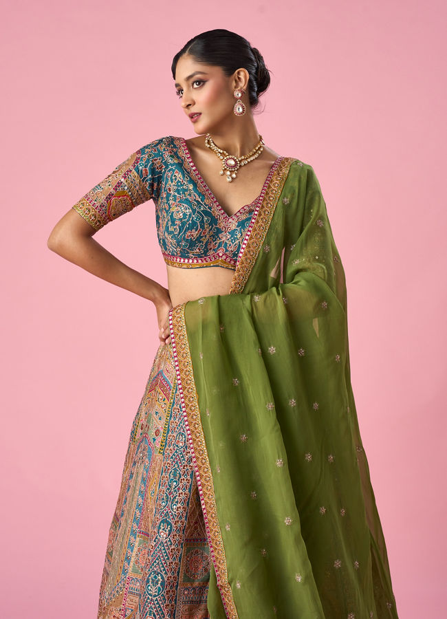 Mohey Women Mustard Yellow Art Silk Lehenga with Print