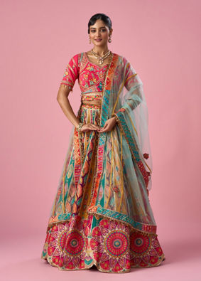 Mohey Women Pink Art Silk Lehenga with Moti Work