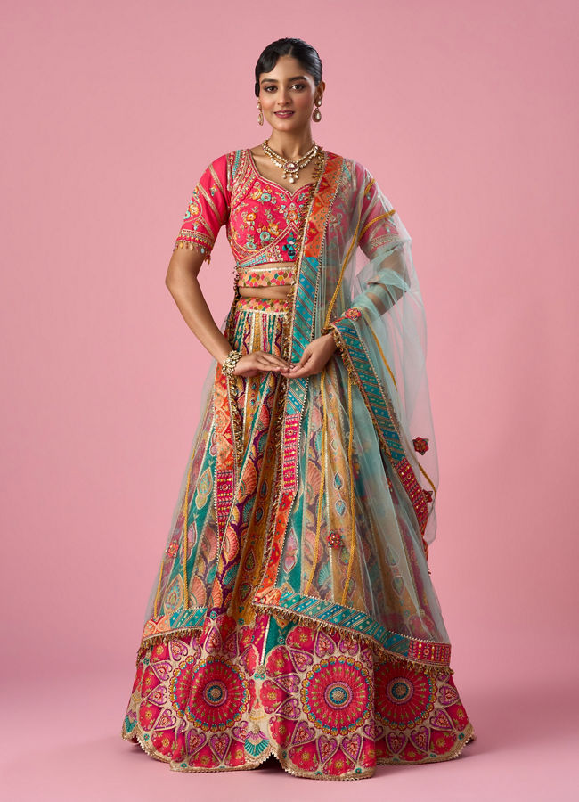 Mohey Women Pink Art Silk Lehenga with Moti Work