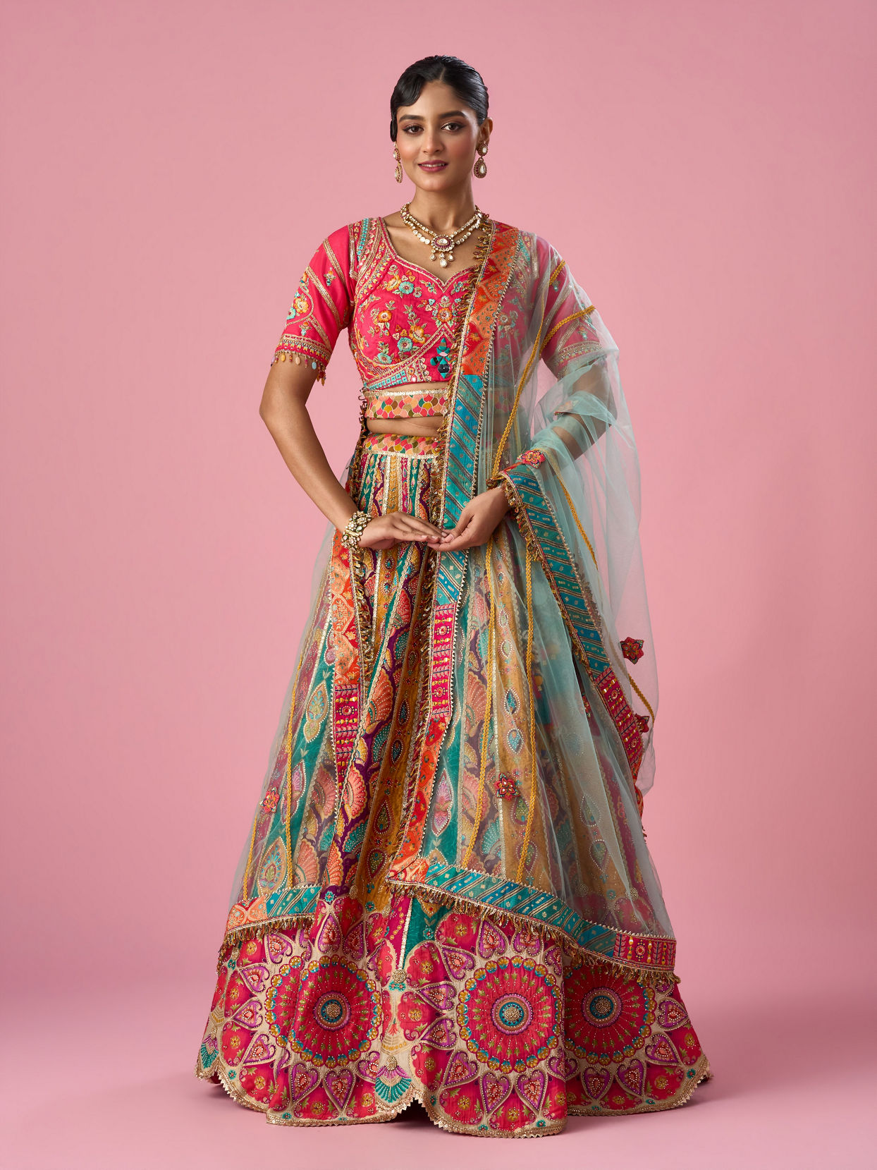 Mohey Women Pink Art Silk Lehenga with Moti Work