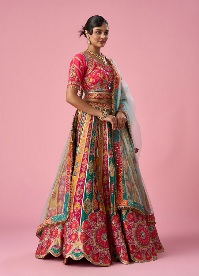 Mohey Women Pink Art Silk Lehenga with Moti Work