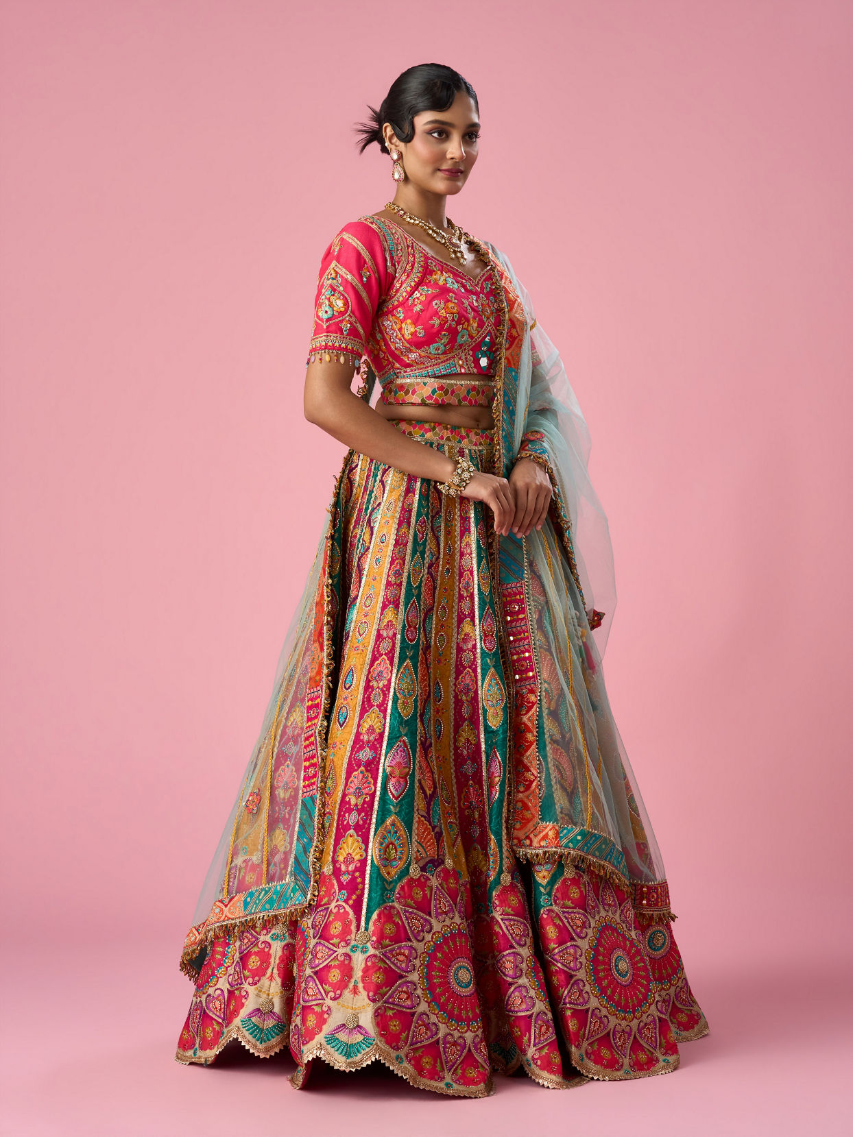 Mohey Women Pink Art Silk Lehenga with Moti Work