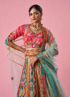 Mohey Women Pink Art Silk Lehenga with Moti Work