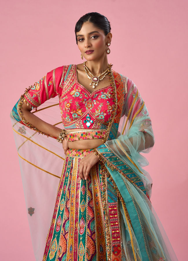 Mohey Women Pink Art Silk Lehenga with Moti Work