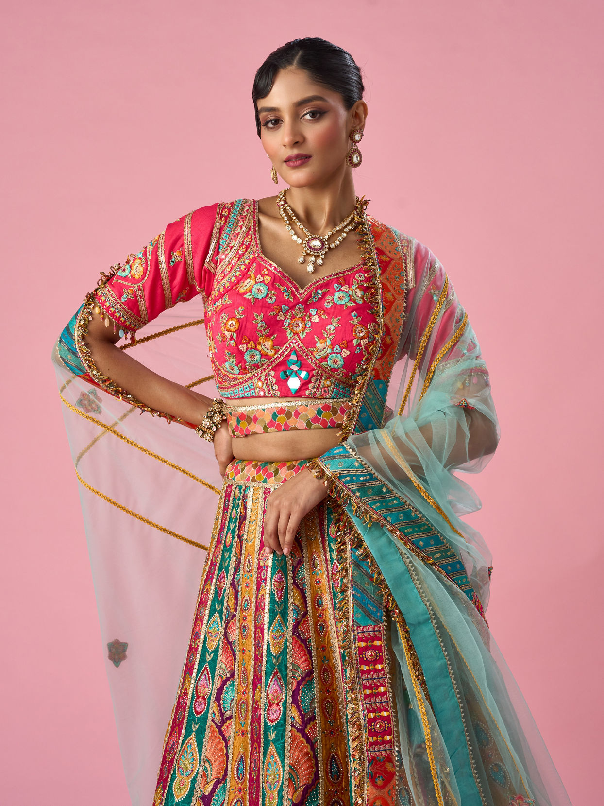Mohey Women Pink Art Silk Lehenga with Moti Work
