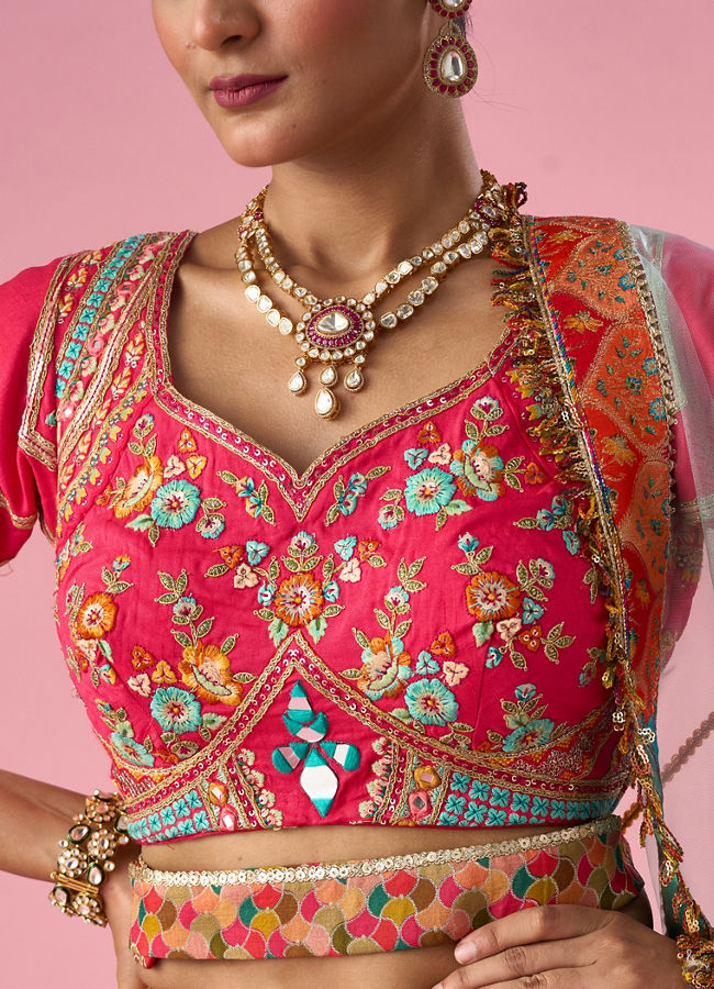 Mohey Women Pink Art Silk Lehenga with Moti Work