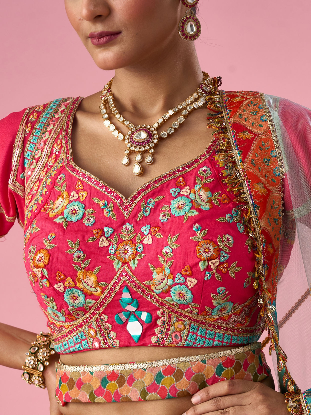Mohey Women Pink Art Silk Lehenga with Moti Work