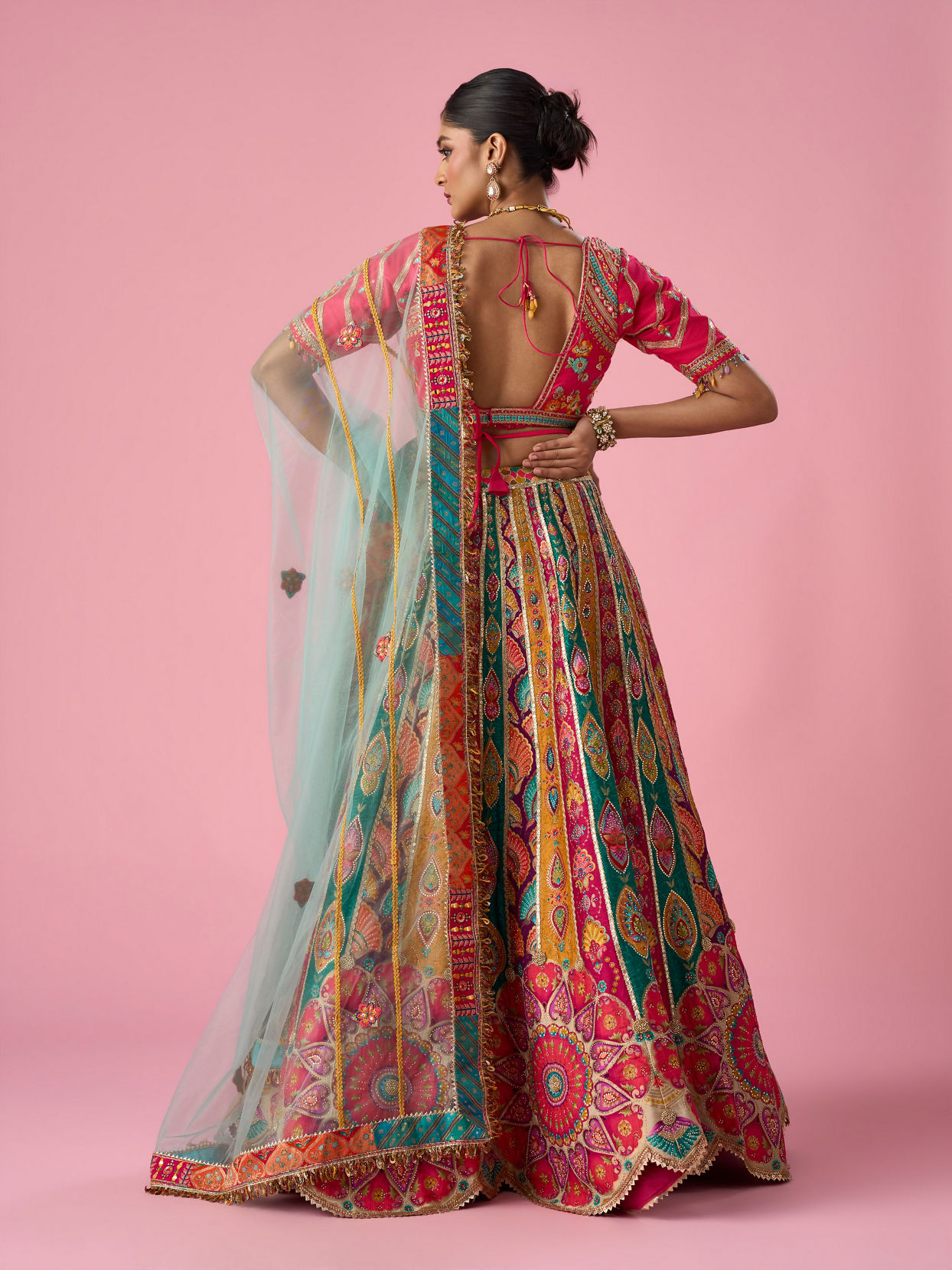 Mohey Women Pink Art Silk Lehenga with Moti Work