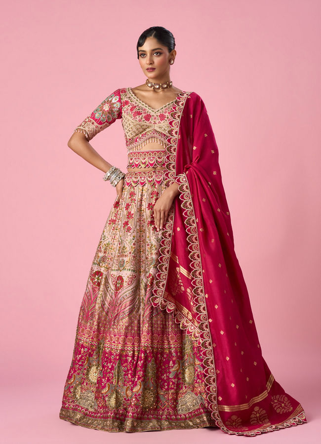 Mohey Women Pink Art Silk Lehenga with Mirror Work