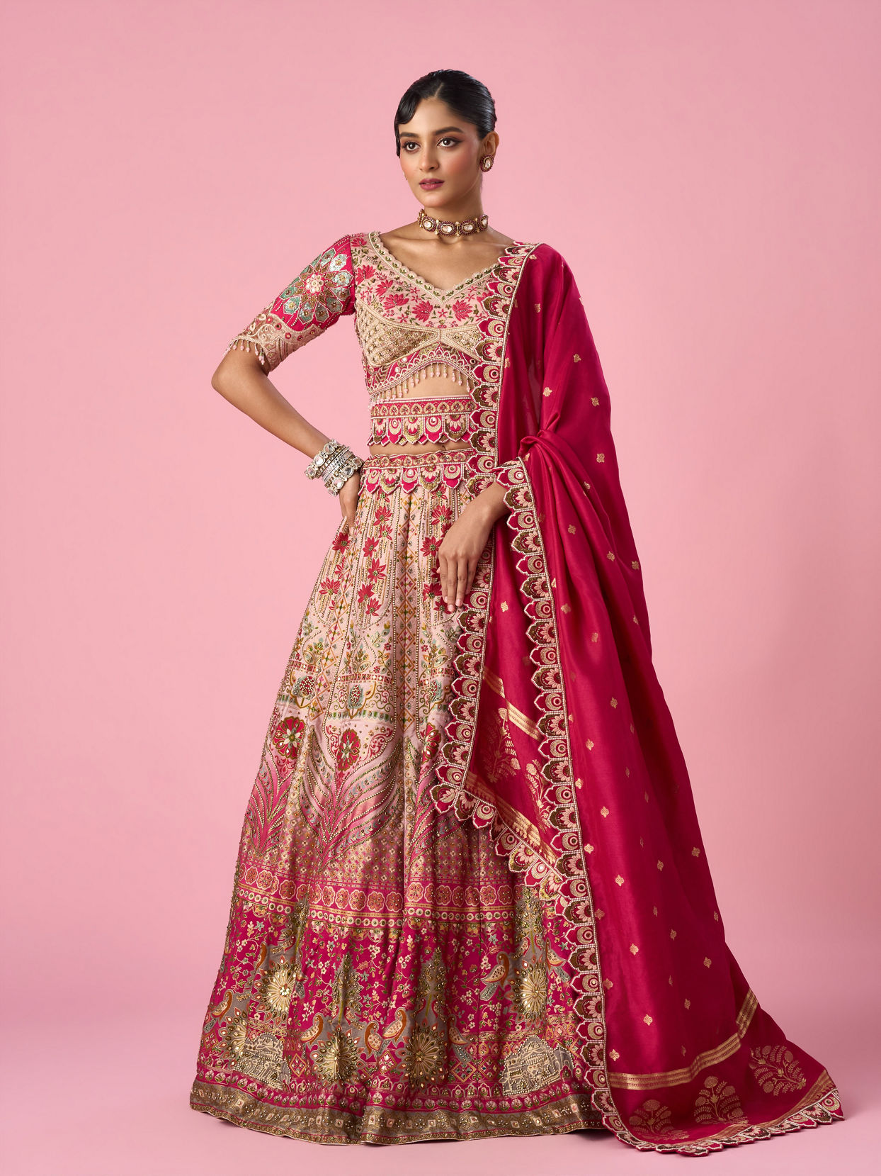 Mohey Women Pink Art Silk Lehenga with Mirror Work