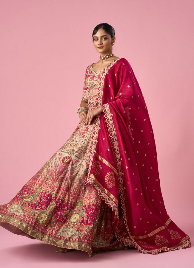 Mohey Women Pink Art Silk Lehenga with Mirror Work