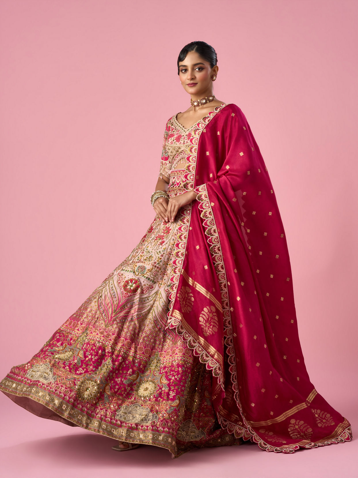 Mohey Women Pink Art Silk Lehenga with Mirror Work