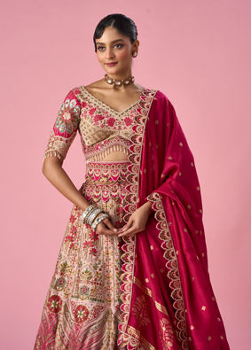 Mohey Women Pink Art Silk Lehenga with Mirror Work