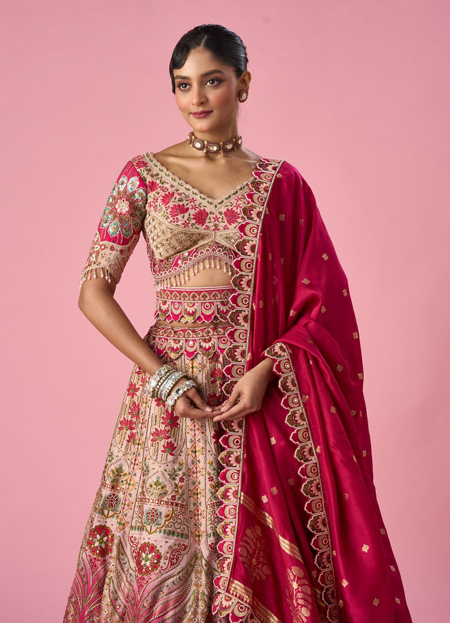 Mohey Women Pink Art Silk Lehenga with Mirror Work