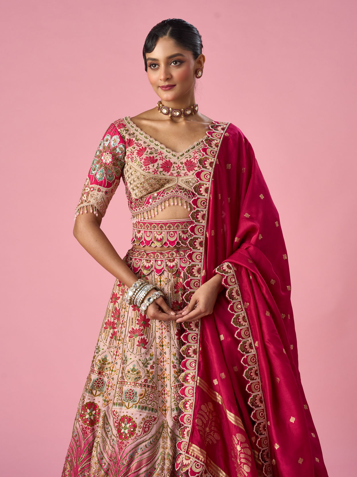 Mohey Women Pink Art Silk Lehenga with Mirror Work