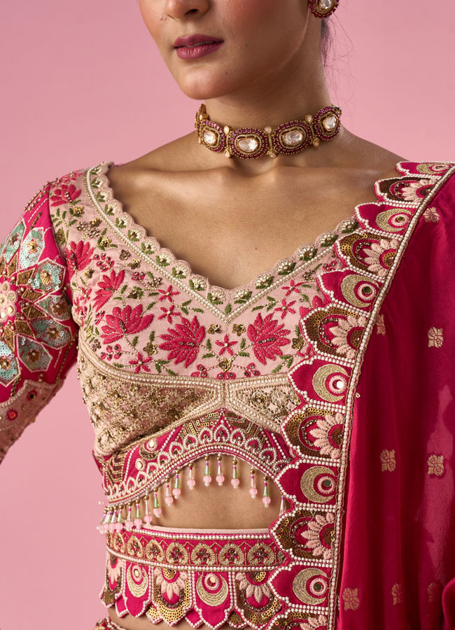 Mohey Women Pink Art Silk Lehenga with Mirror Work