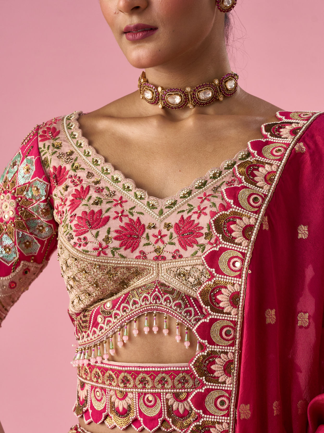 Mohey Women Pink Art Silk Lehenga with Mirror Work