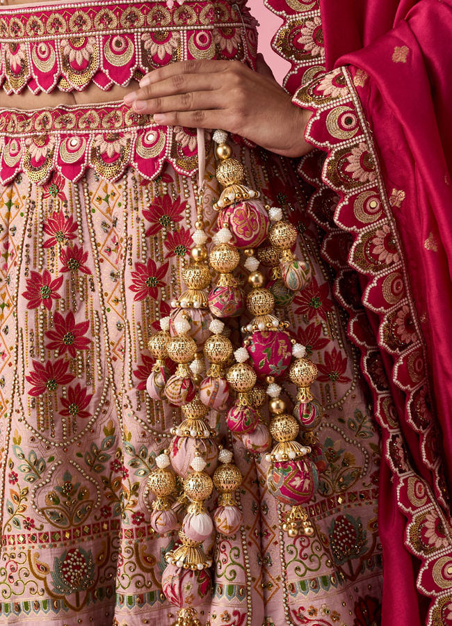 Mohey Women Pink Art Silk Lehenga with Mirror Work