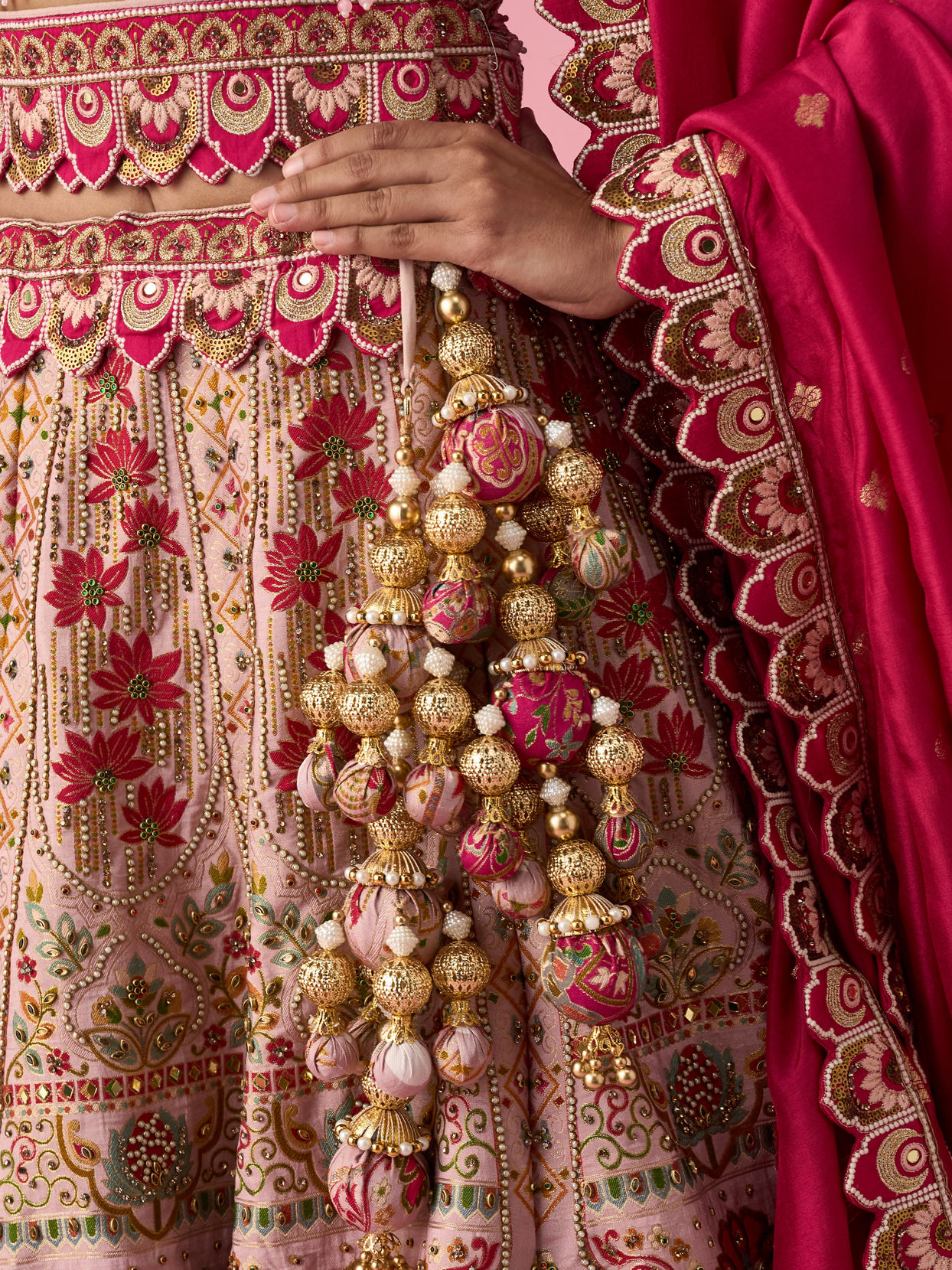 Mohey Women Pink Art Silk Lehenga with Mirror Work
