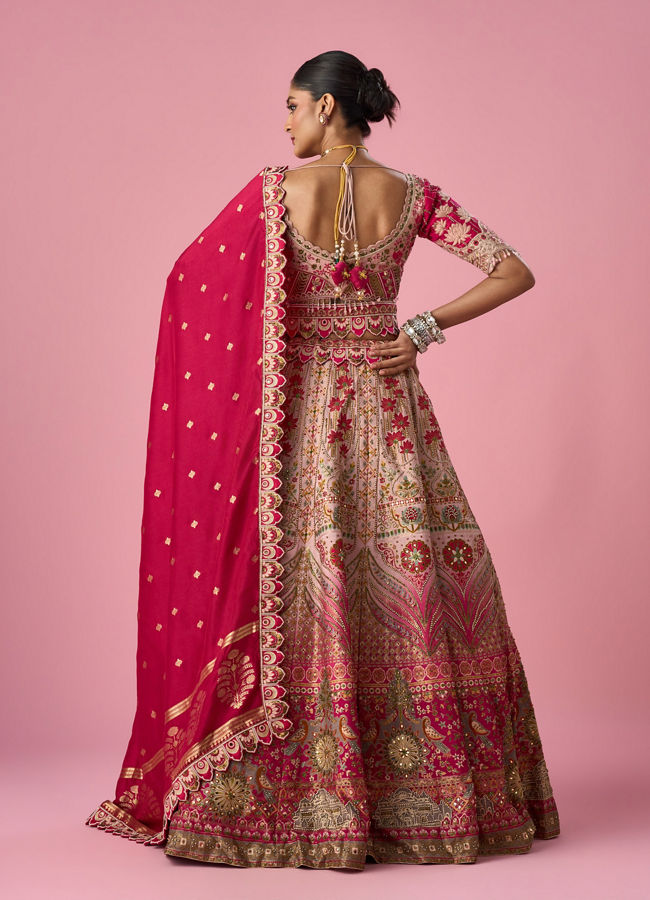 Mohey Women Pink Art Silk Lehenga with Mirror Work