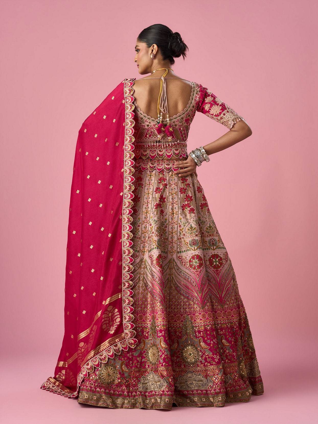 Mohey Women Pink Art Silk Lehenga with Mirror Work