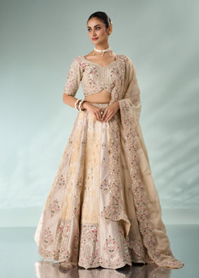 Mohey Women Cream Art Silk Lehenga with Embroidery