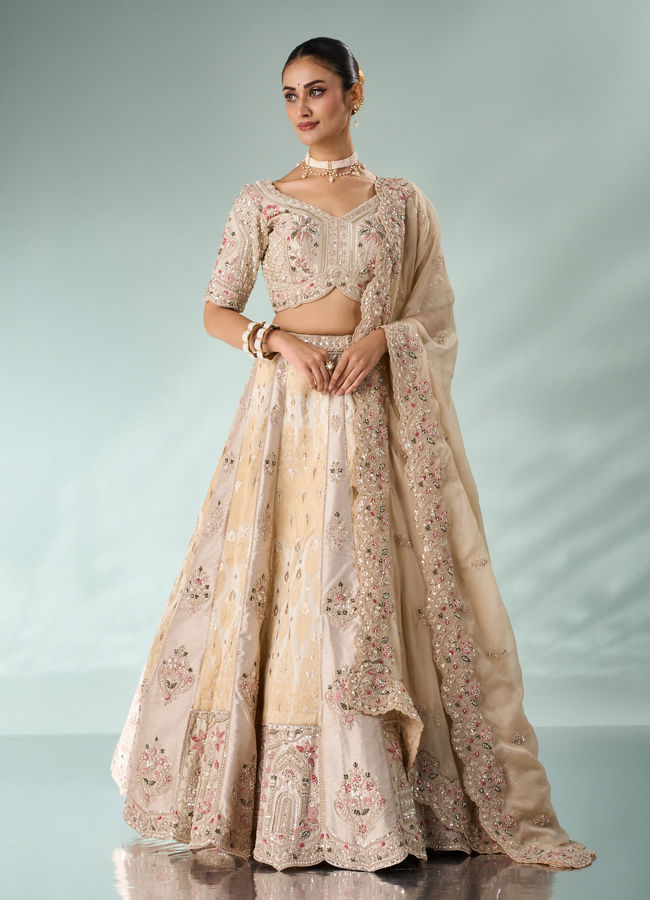 Mohey Women Cream Art Silk Lehenga with Embroidery