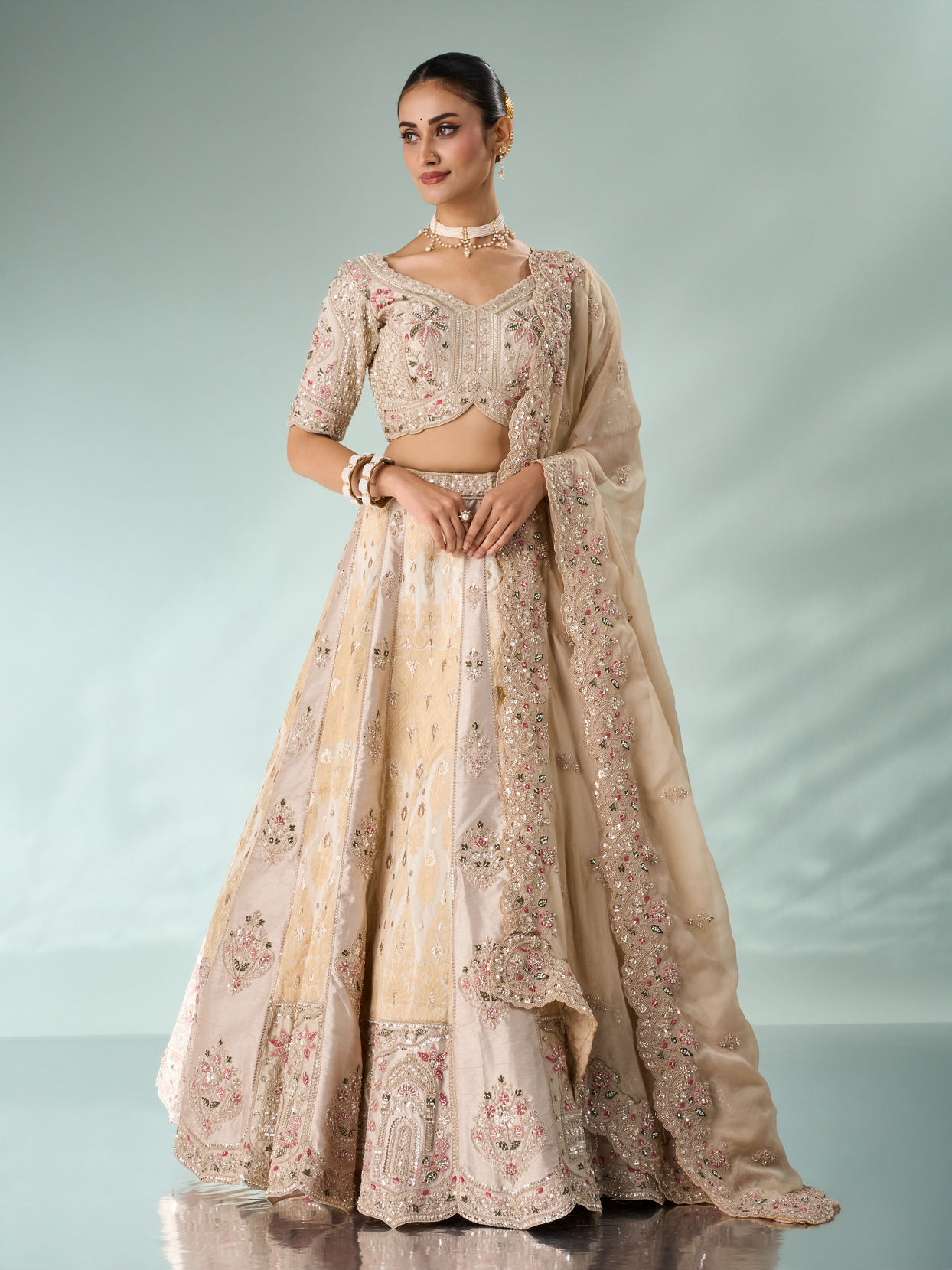 Mohey Women Cream Art Silk Lehenga with Embroidery