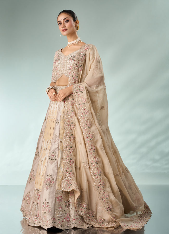 Mohey Women Cream Art Silk Lehenga with Embroidery