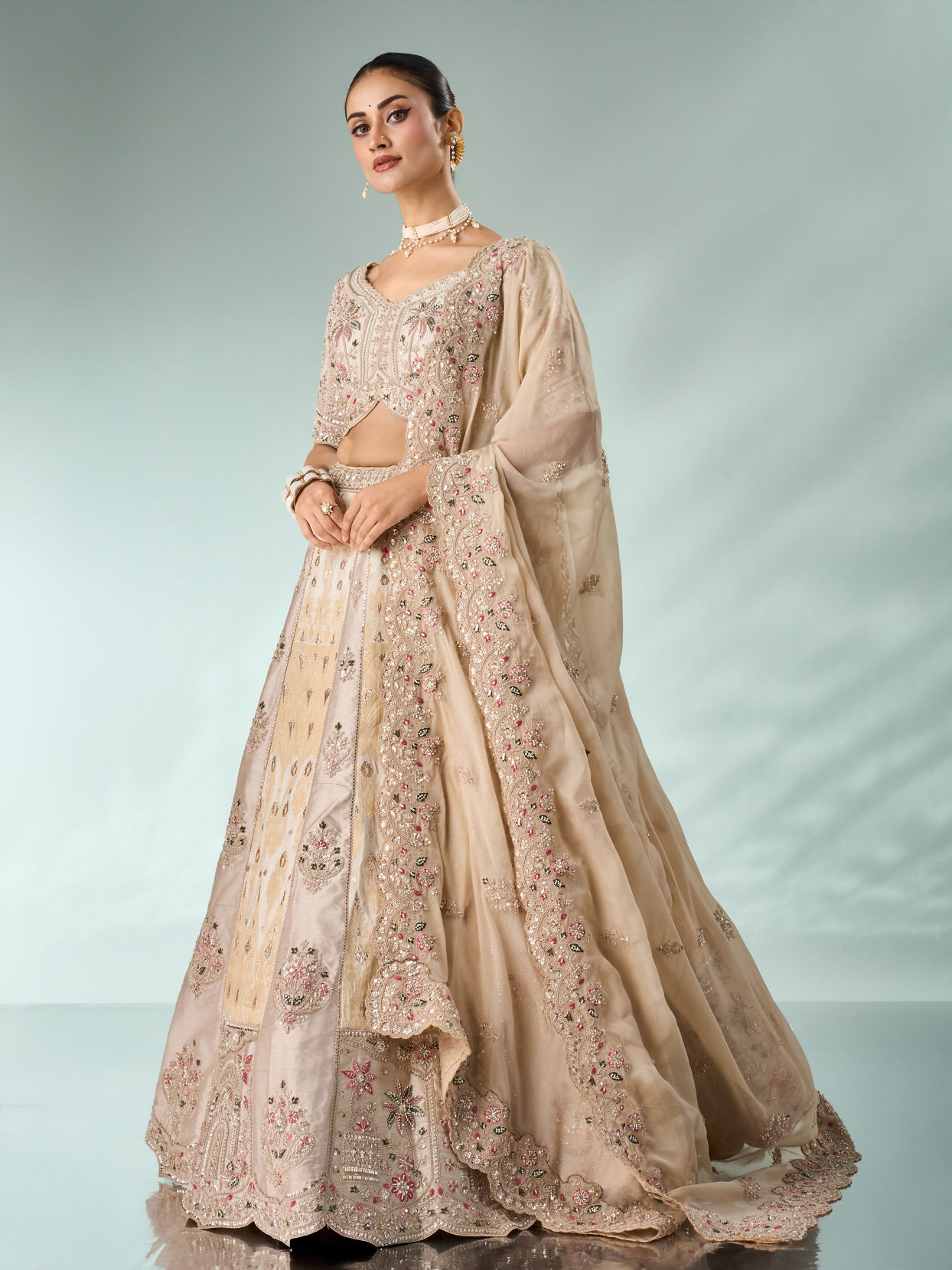 Mohey Women Cream Art Silk Lehenga with Embroidery