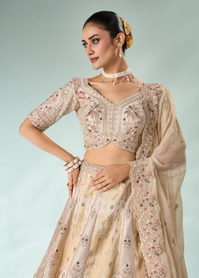 Mohey Women Cream Art Silk Lehenga with Embroidery