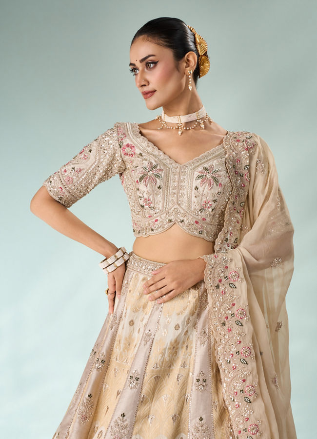 Mohey Women Cream Art Silk Lehenga with Embroidery