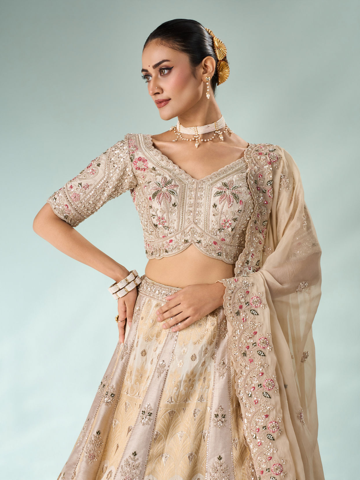 Mohey Women Cream Art Silk Lehenga with Embroidery