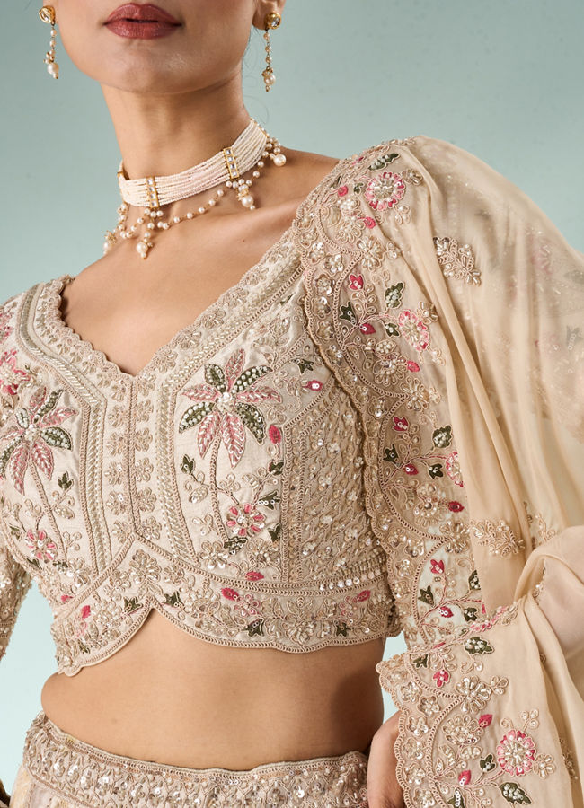 Mohey Women Cream Art Silk Lehenga with Embroidery
