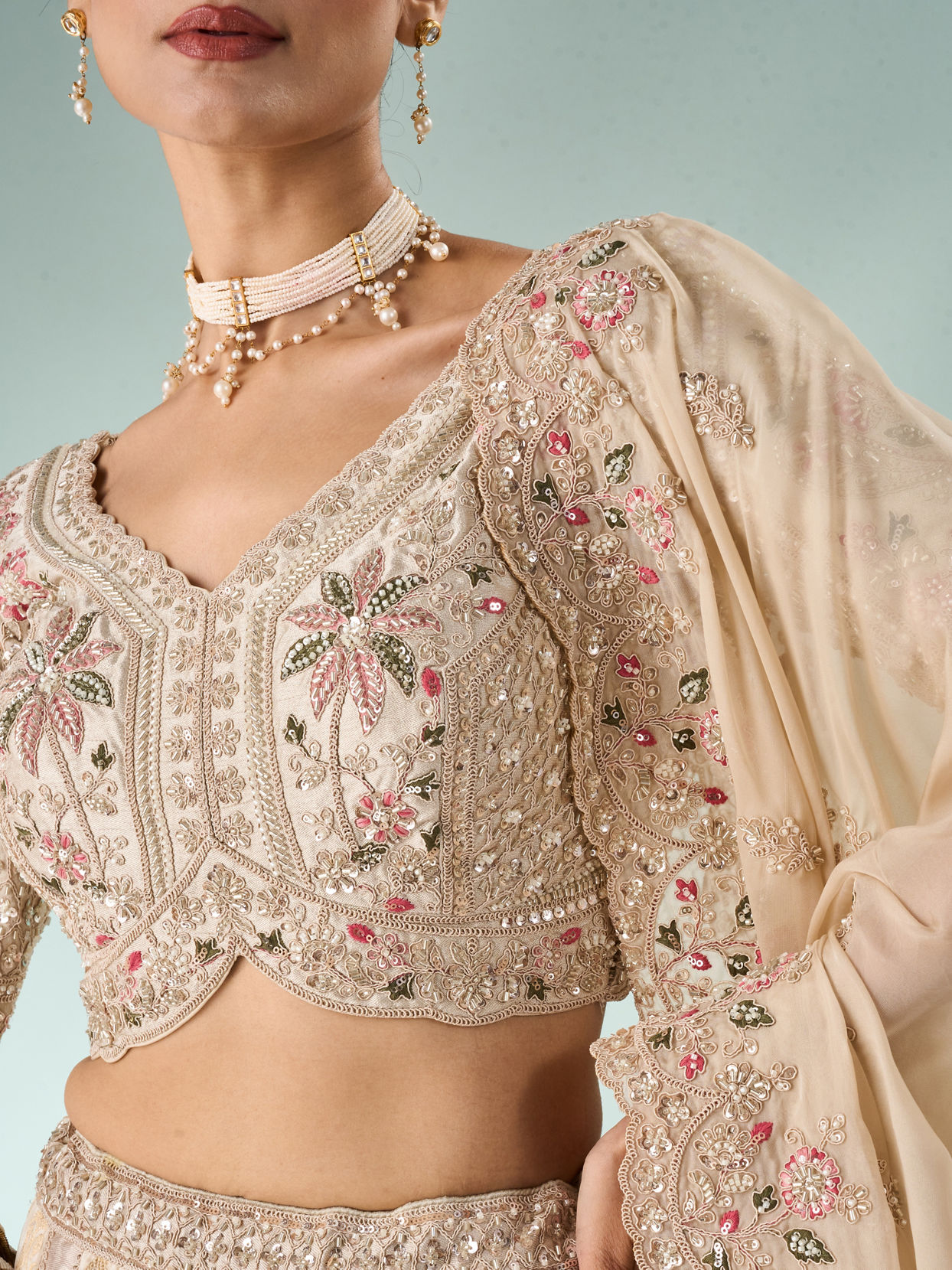 Mohey Women Cream Art Silk Lehenga with Embroidery