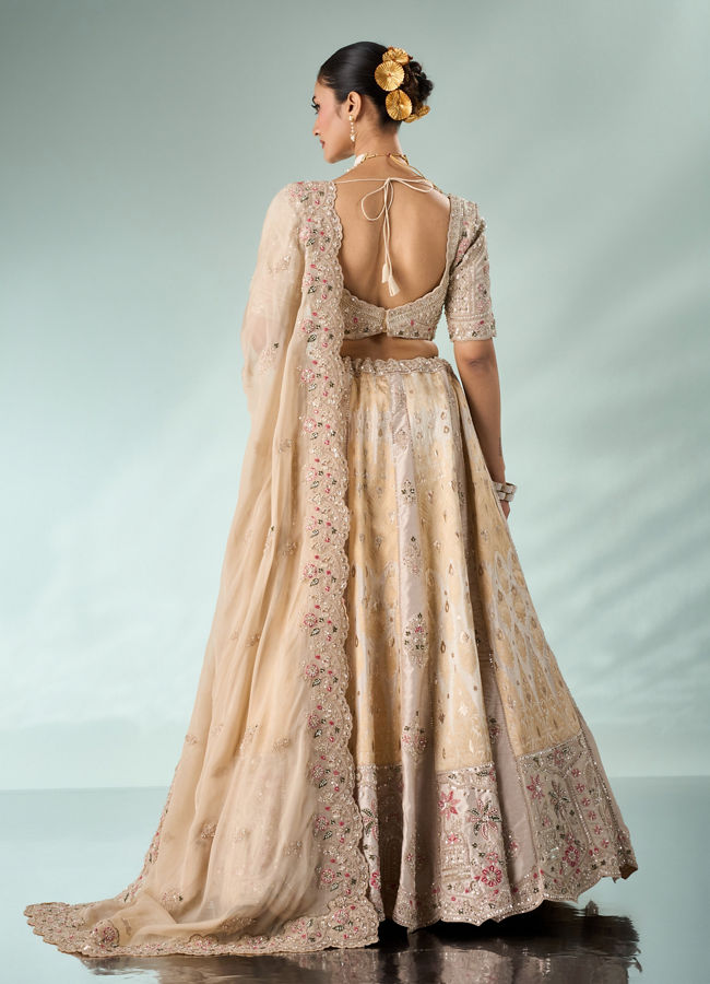 Mohey Women Cream Art Silk Lehenga with Embroidery