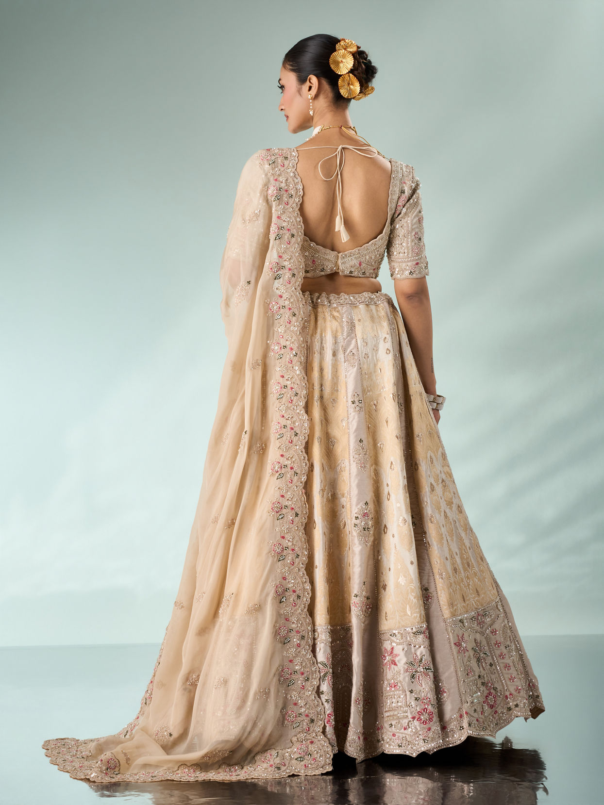 Mohey Women Cream Art Silk Lehenga with Embroidery