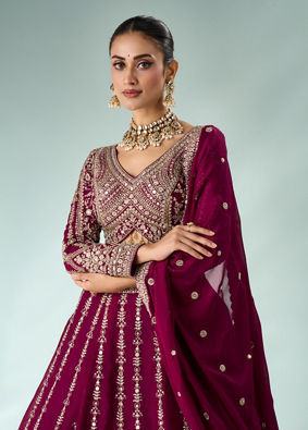Mohey Women Wine Silk Lehenga with Sequin Work