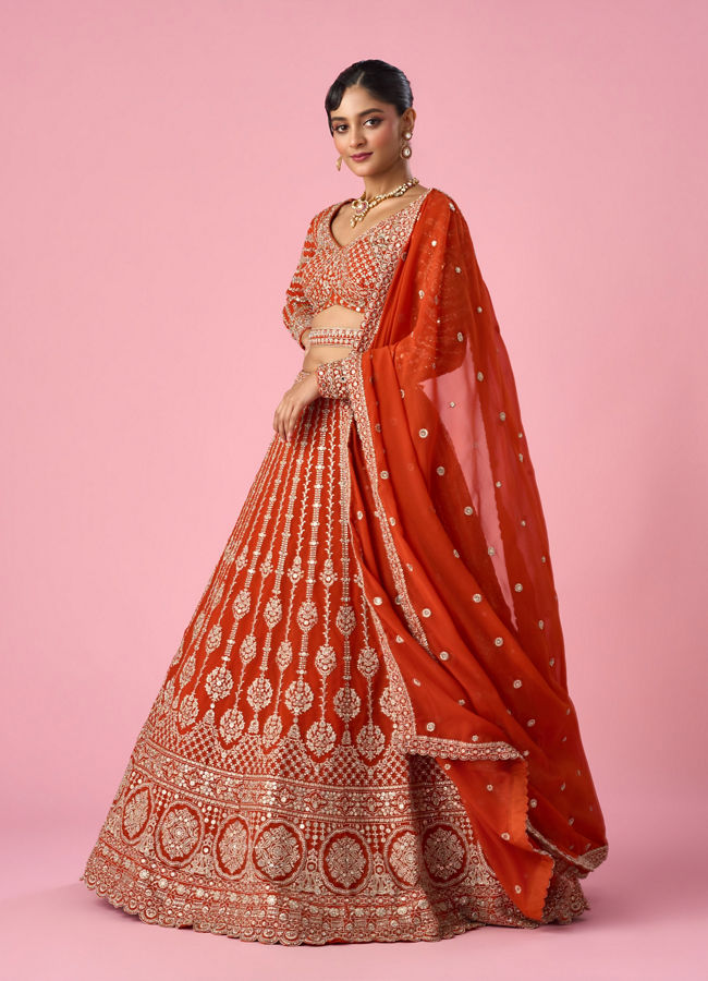 Mohey Women Orange Art Silk Bridal Lehenga with Sequin Work