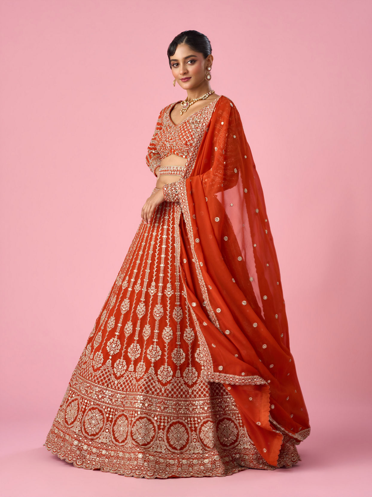 Mohey Women Orange Art Silk Bridal Lehenga with Sequin Work