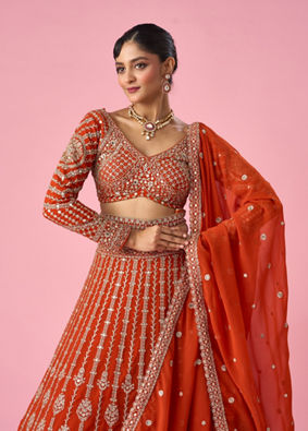 Mohey Women Orange Art Silk Bridal Lehenga with Sequin Work