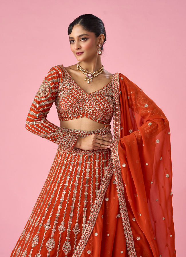 Mohey Women Orange Art Silk Bridal Lehenga with Sequin Work