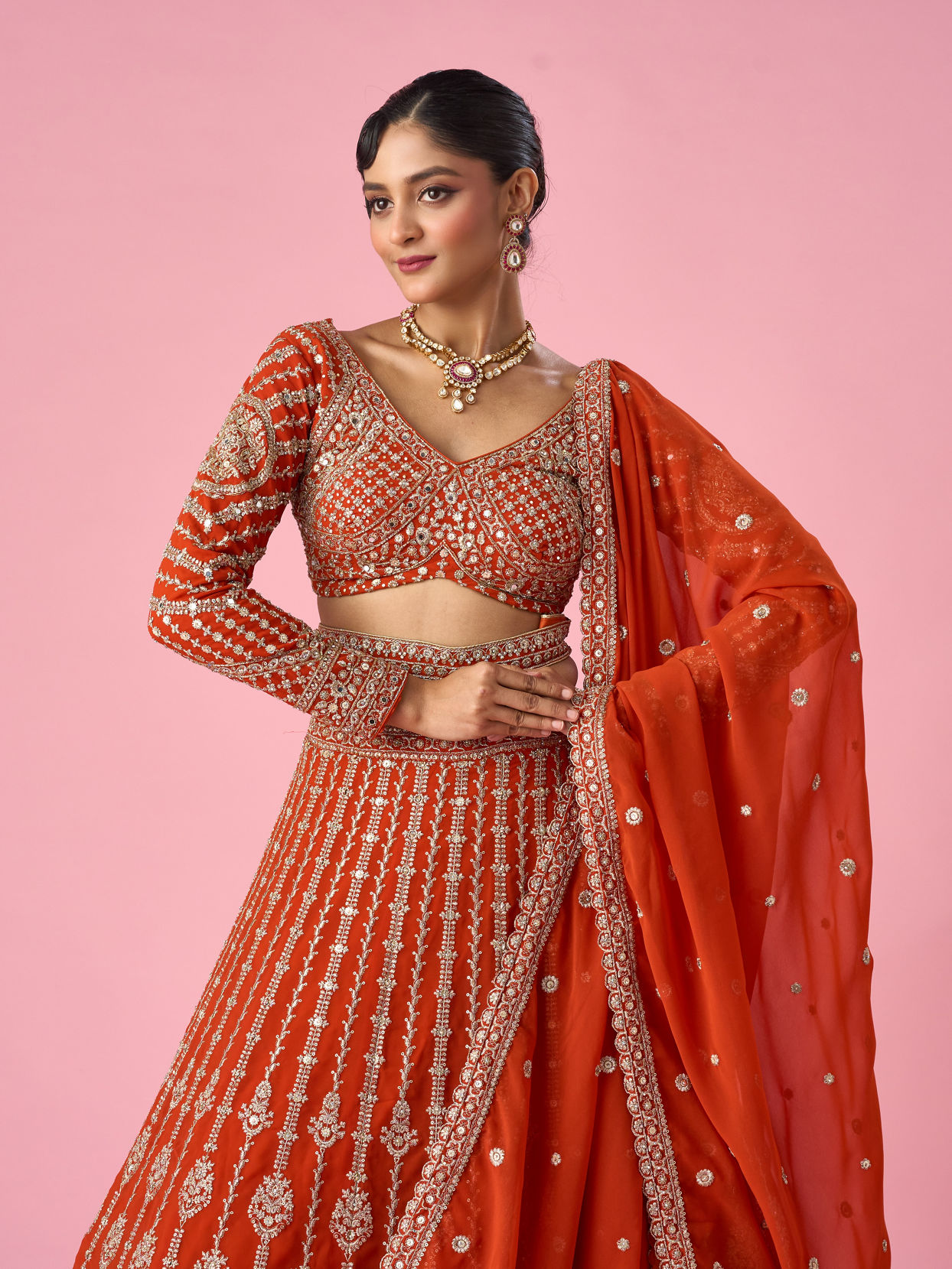 Mohey Women Orange Art Silk Bridal Lehenga with Sequin Work
