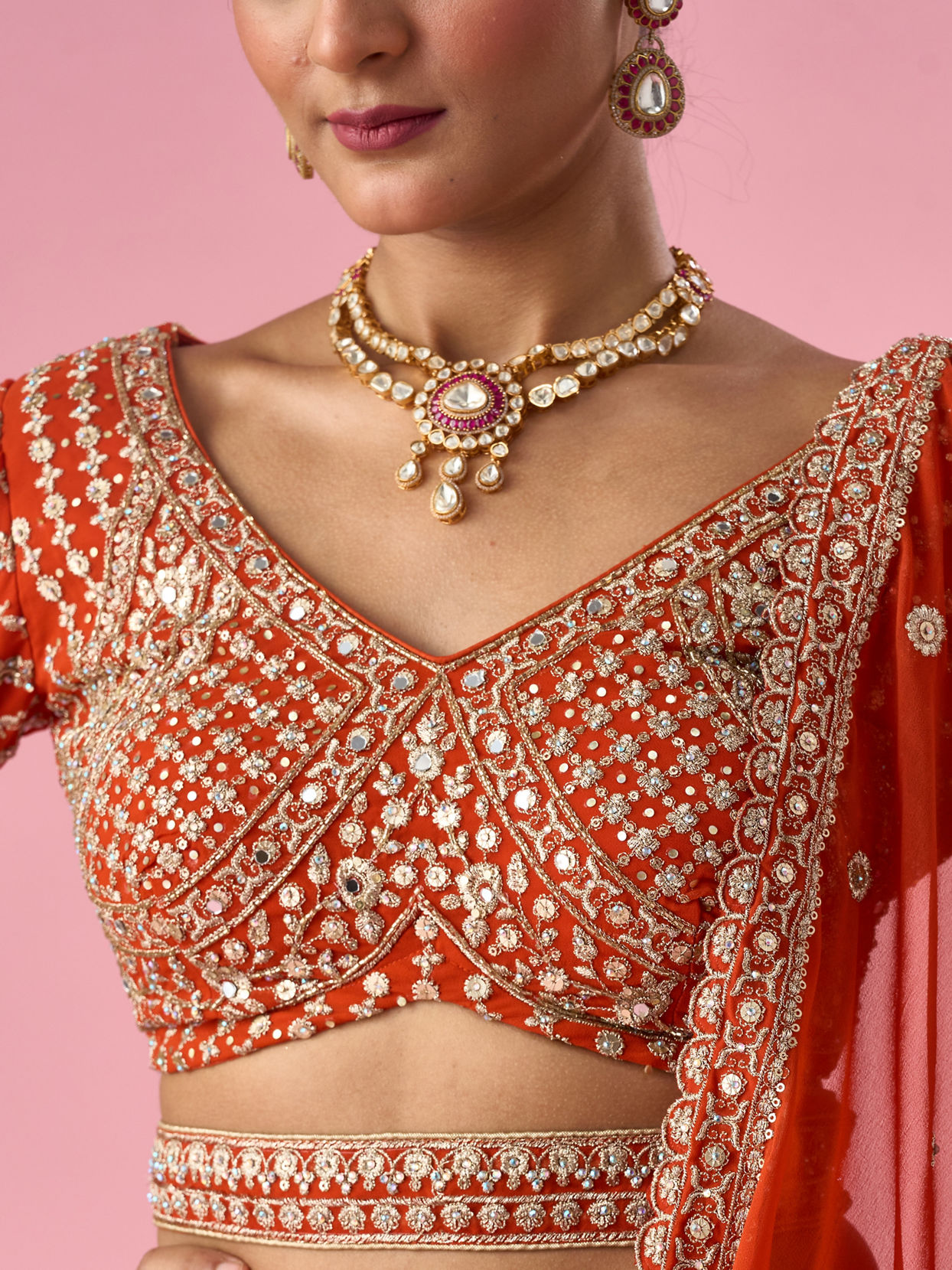 Mohey Women Orange Art Silk Bridal Lehenga with Sequin Work